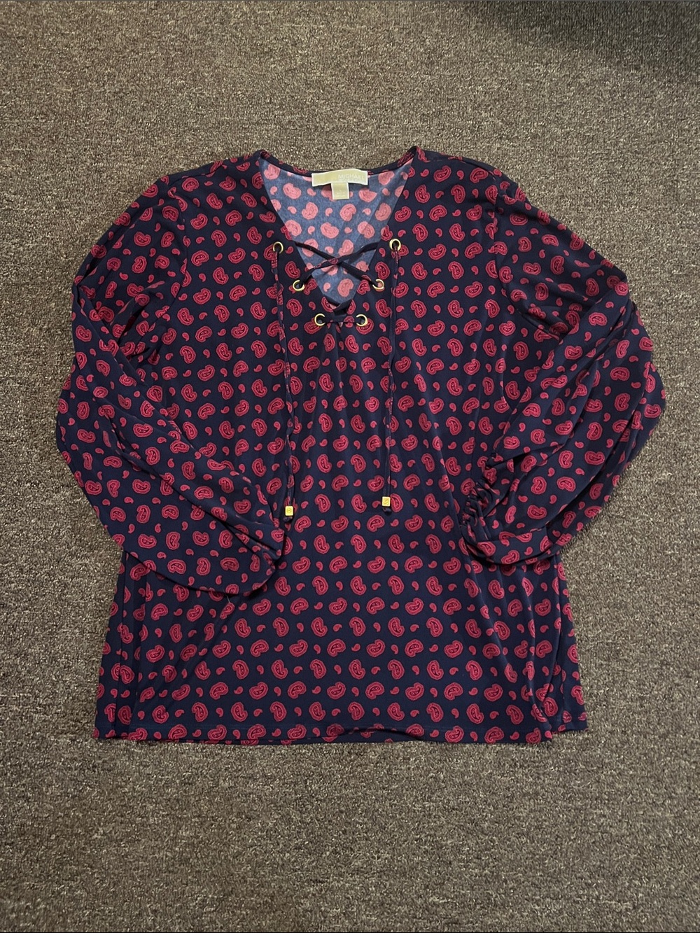 MICHAEL Michael Kors Navy Top with Pink Paisley Lace-Up V-Neck